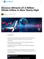 Binance Attracts $7.5B Whale Inflow in New Yearly High