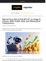 MemeToro Hits $163,467.81 as Stage 8 Closes, $MT Public Sale and Memecoin Tokenomics