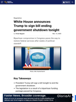 White House announces Trump to sign bill ending government shutdown tonight