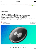 HYPE, SUI Lead Altcoin Losses as Ethereum Dips Under $4,300 - Decrypt