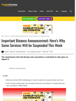 Important Binance Announcement: Here's Why Some Services Will be Suspended This Week