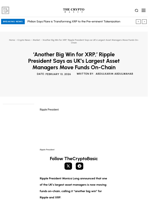 ‘Another Big Win for XRP,’ Ripple President Says as UK’s Largest Asset Managers Move Funds On-Chain