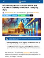 Mike Novogratz Says US CLARITY Act Could Pass in May and Reach Trump by June