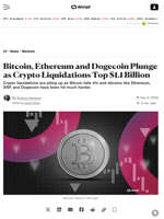 Bitcoin, Ethereum and Dogecoin Plunge as Crypto Liquidations Top $1.1 Billion - Decrypt
