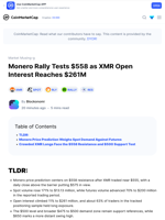 Monero Rally Tests $558 as XMR Open Interest Reaches $261M: Guest Post by Blockonomi | CoinMarketCap
