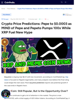 Crypto Price Predictions: Pepe to $0.0003 as MIND of Pepe and Pepeto Pumps 100x While XRP Fuel New Hype
