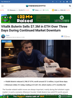 Vitalik Buterin Sells $7.3M in ETH Over Three Days During Continued Market Downturn