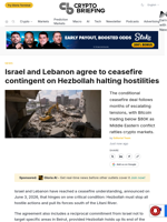 Israel and Lebanon agree to ceasefire contingent on Hezbollah halting hostilities