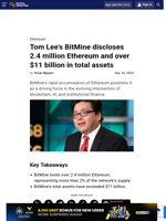 Tom Lee's BitMine discloses 2.4 million Ethereum and over $11 billion in total assets