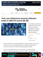 Tom Lee's Ethereum treasury Bitmine holds 4.4M ETH worth $8.5B