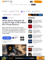 Whale Bitcoin Deposits Hit 14-Month High as $8.2 Billion BTC Floods Binance – Crypto News Bitcoin News