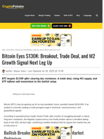 Bitcoin Eyes $130K: Breakout, Trade Deal, and M2 Growth Signal Next Leg Up