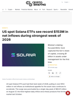 US spot Solana ETFs see record $153M in net inflows during strongest week of 2026