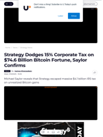 Strategy Dodges 15% Corporate Tax on $74.6 Billion Bitcoin Fortune, Saylor Confirms - U.Today