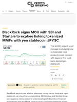 BlackRock signs MOU with SBI and Startale to explore linking tokenized MMFs with yen stablecoin JPYSC