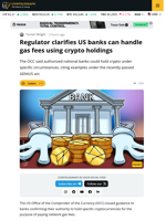 Regulator Clarifies US Banks can Handle Gas Fees using Crypto Holdings