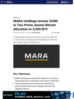 MARA Holdings invests $20M in Two Prime, boosts Bitcoin allocation to 2,000 BTC