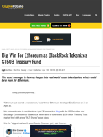Big Win For Ethereum as BlackRock Tokenizes $150B Treasury Fund
