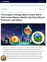 This Crypto is Cheap, Below a Cent, But It Will Create Massive Wealth Like Early Bitcoin, Ethereum, and Solana