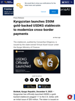 Kyrgyzstan launches $50M gold-backed USDKG stablecoin to modernize cross-border payments
