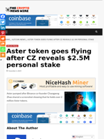 Aster token goes flying after CZ reveals $2.5M personal stake - The Crypto News Wire