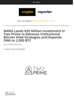 MARA Leads $20 Million Investment in Two Prime to Advance Institutional Bitcoin Yield Strategies and Expands SMA to 2,000 BTC