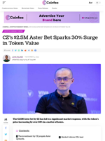 CZ’s $2.5M Aster Bet Sparks 30% Surge in Token Value