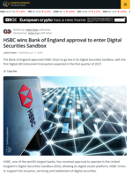 HSBC Approved for Bank of England Digital Securities Sandbox