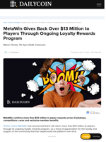 MetaWin Gives Back Over $13 Million to Players Through Ongoing Loyalty Rewards Program - DailyCoin