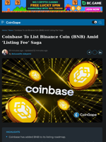 Coinbase To List Binance Coin (BNB) Amid ‘Listing Fee’ Saga