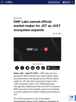DWF Labs named official market maker for JST as JUST ecosystem expands