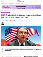 SEC Atkins signals crypto reset as Bitcoin near $67,000
