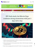 BTC feels stuck, but Bitcoin Pepe continues strong momentum with just 3 days left to buy - CoinJournal