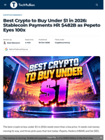 Best Crypto to Buy Under $1 in 2026: Stablecoin Payments Hit $482B as Pepeto Eyes 100x - TechBullion