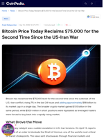 Bitcoin Price Today Reclaims $75,000 for the Second Time Since the US-Iran War