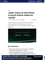 Jupiter teams up with Ethena to launch Solana stablecoin JupUSD