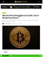 Bitcoin Price Struggles at $116K: Can it Break Free Soon? - CoinCentral