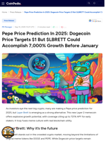 Pepe Price Prediction In 2025: Dogecoin Price Targets $1 But $LBRETT Could Accomplish 7,000% Growth Before January