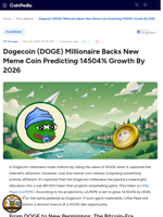 Dogecoin (DOGE) Millionaire Backs New Meme Coin Predicting 14504% Growth By 2026