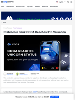 Stablecoin Bank COCA Reaches $1B Valuation