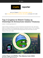 Top 3 Cryptos to Watch Today as VisionSys AI Announces Solana Treasury