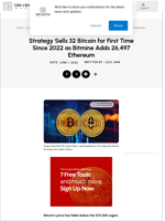 Strategy Sells 32 Bitcoin for First Time Since 2022 as Bitmine Adds 26,497 Ethereum