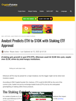 Analyst Predicts ETH to $10K with Staking ETF Approval