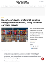 BlackRock's Wei Li prefers US equities over government bonds, citing AI-driven earnings growth