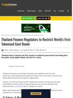 Thailand Finance Regulators to Restrict World’s First Tokenized Govt Bonds