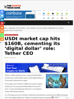 USDt market cap hits $160B, cementing its ‘digital dollar’ role: Tether CEO - The Crypto News Wire