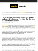 Canary Capital Names Marinade Select as Exclusive Staking Provider for Canary Marinade Solana ETF