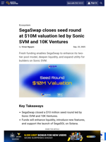 SegaSwap closes seed round at $10M valuation led by Sonic SVM and 10K Ventures