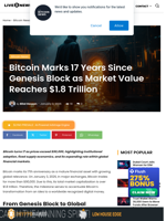 Bitcoin Marks 17 Years Since Genesis Block as Market Value
Reaches $1.8 Trillion