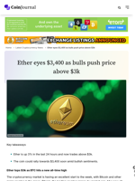 Ether eyes $3,400 as bulls push price above $3k